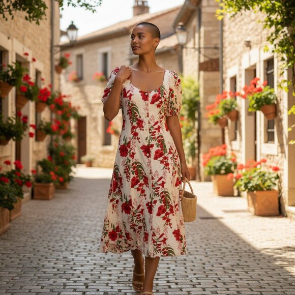 Reformation Beechwood Red Floral Puff Sleeve Button Midi Dress Romantic Boho - Picture 1 of 7